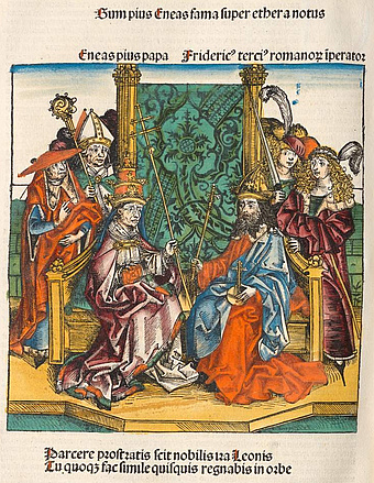 Papst Pius II. und Kaiser Friedrich III. (Schedelsche Weltchronik 1493)