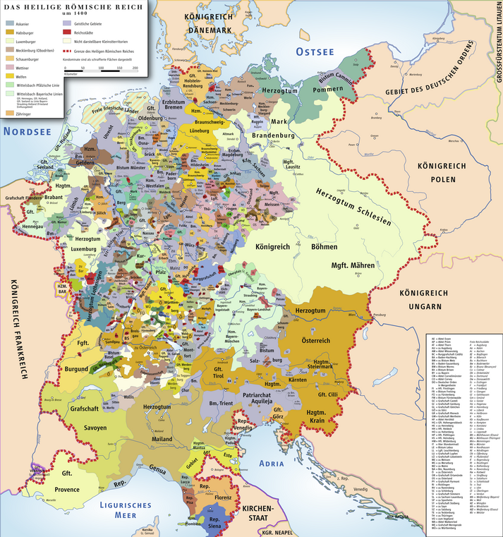 The Holy Roman Empire around 1400 AD;